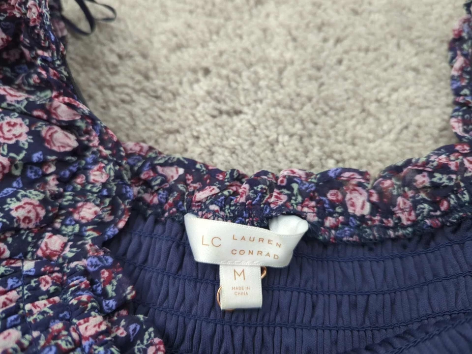 Lauren Conrad Dress Womens Medium Purple Floral Puffed Sleeve Smoked Midi Lined - Image 2 of 4