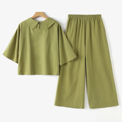 New Women 3/4 Sleeve Cotton Tops Wide Leg Elastic Waist Trousers Suit Outfits - Picture 9 of 18