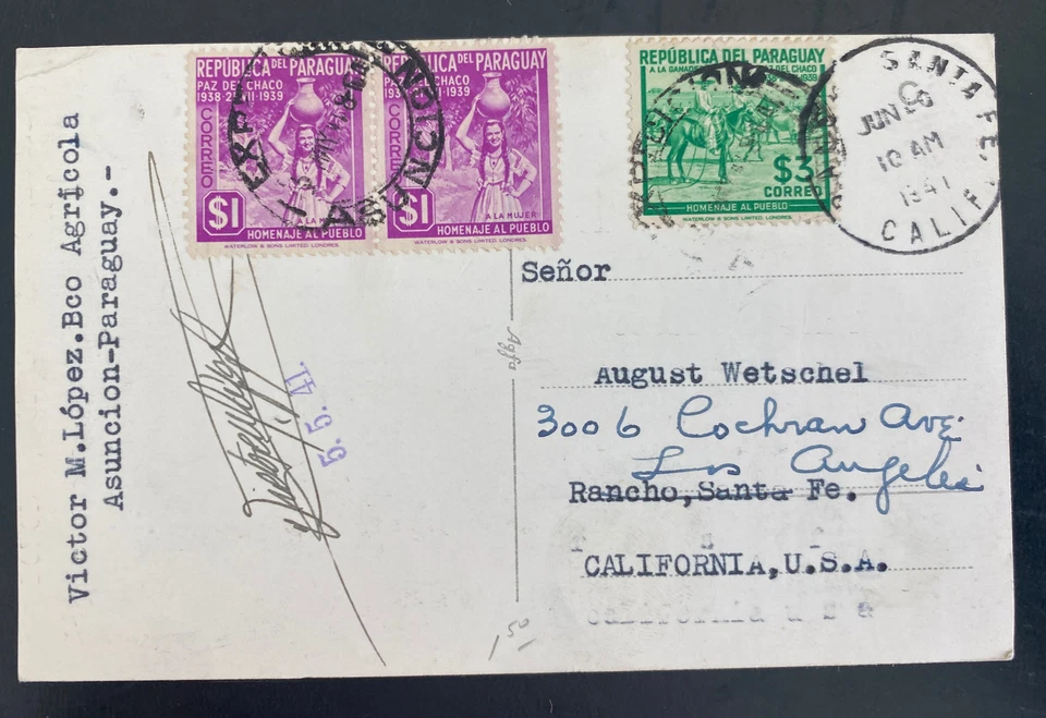 1941 Асунсьон Парагвай RPPC открытка обложка Санта-Фе Калифорния США вид на город - Изображение 2 из 2