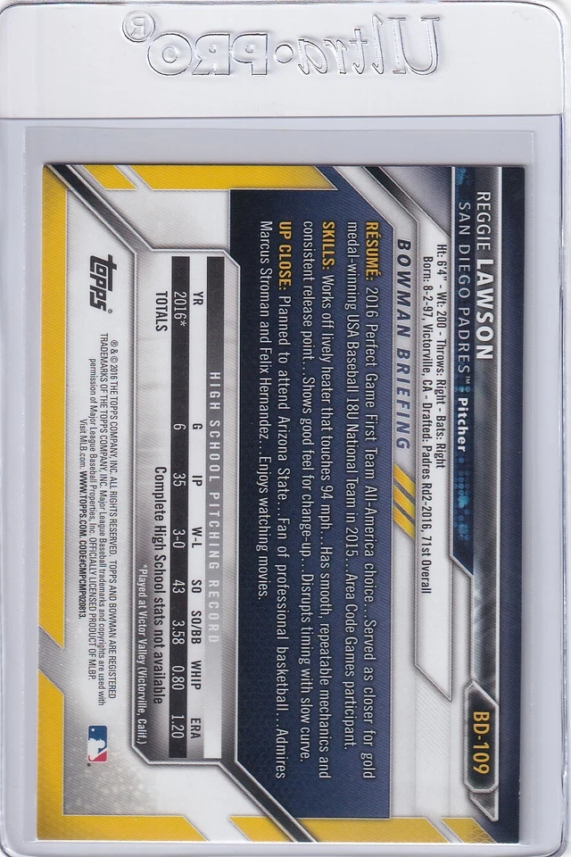 2016 BOWMAN DRAFT 1ST RC REGGIE LAWSON SAN DIEGO PADRES FIRST ROOKIE H5625 - Image 2 of 2