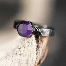 Ring w/ Amethyst Hexagon on a Hand Hammered Band  Gunmetal 