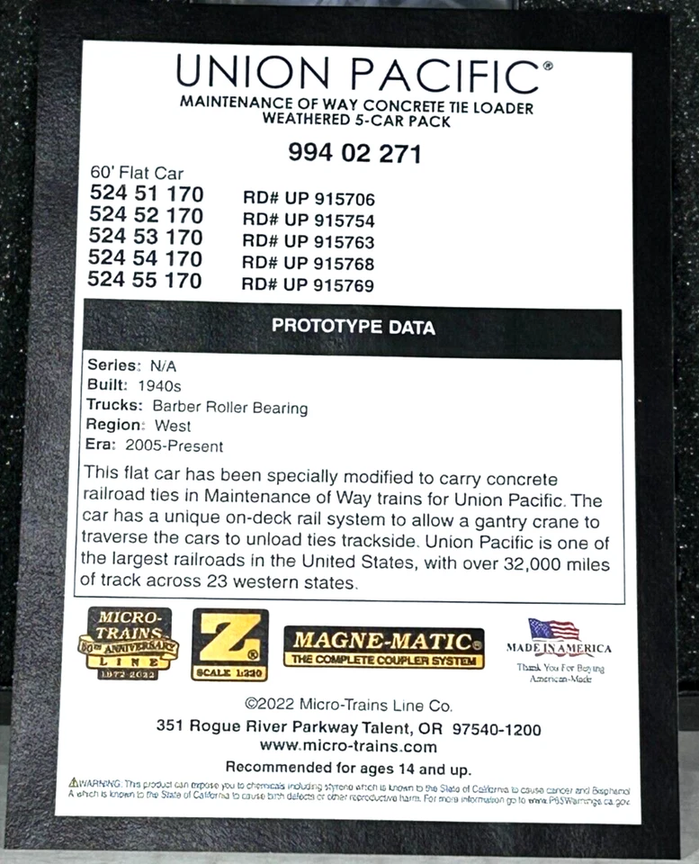 MICRO-TRAINS Z SCALE WEATHERED TIE LOADER 5-PACK UNION PACIFIC 99402271 - Image 4 of 4