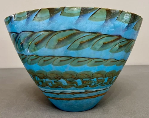 Murano Glass Vase/Bowl Turquoise, Black, & Mother Of Pearl Design 11x7.75x8”