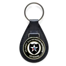 U.S. Army 2nd Infantry Division Black Leather Keychain Silver Keyring