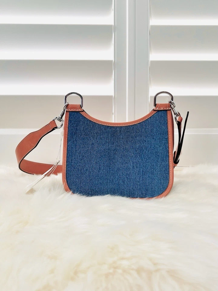 NWT Tory Burch James Small Tan and Denim Saddle crossbody Bag $548 Authentic - Image 3 of 4