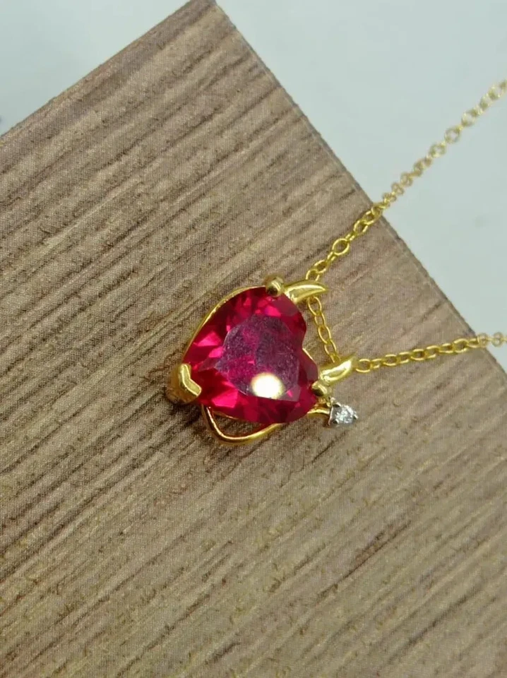 14K Yellow Gold Plated 2.5Ct Heart Cut Lab Created Red Ruby Women's Gift Pendant - Image 3 of 4