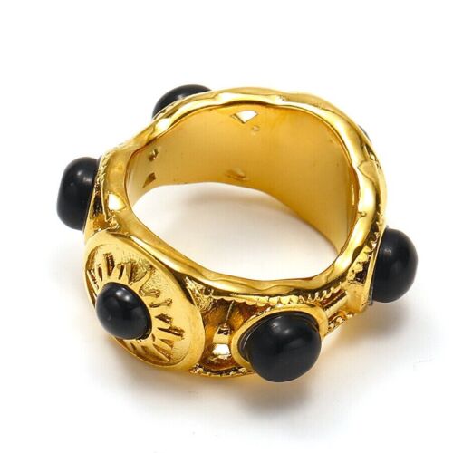 Sun Pattern Black Stone Wedding Jewelry Ring Stainless Steel Gold Plated Ring - Picture 1 of 1