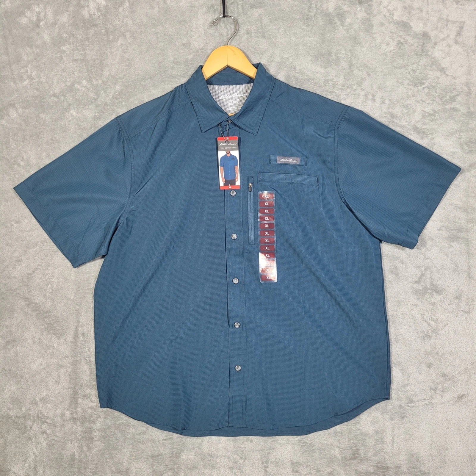 Eddie Bauer Shirt Mens XL Tech Woven Blue Short Sleeve Hiking Fishing UPF 40