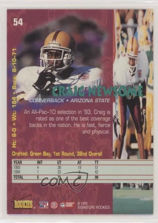 1995 Signature Rookies Tetrad Craig Newsome #54 RC - Image 2 of 2