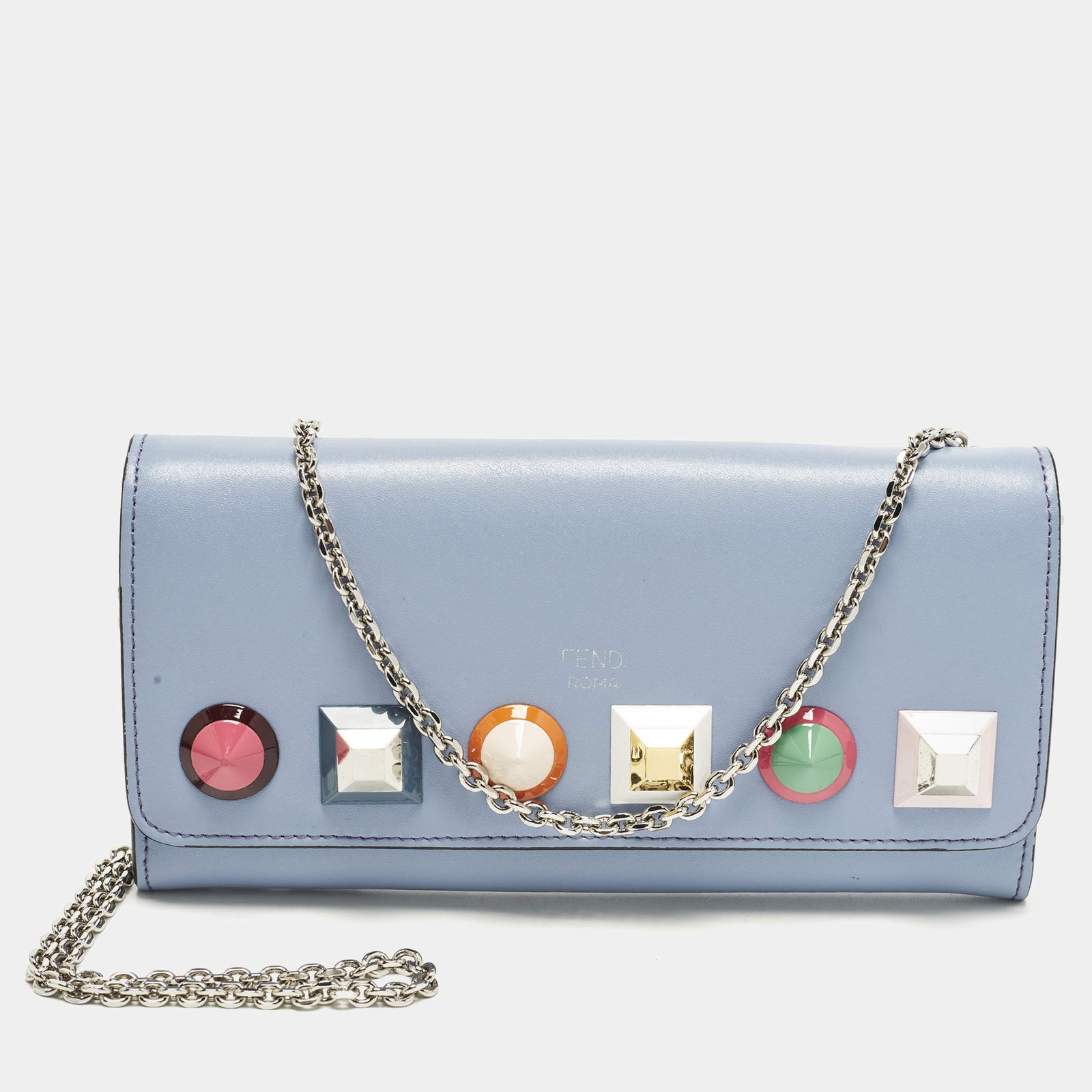 Fendi Studded Light Blue Leather Wallet On Chain