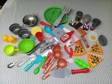 50 Pieces Lot of Kids Pretend Play Toy Food, Utensils, Grill, Misc for Kitchen