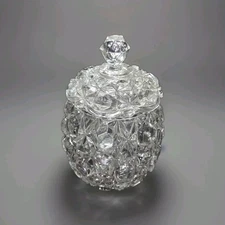 EAPG BIG BUTTON; Block & Lattice Clear Big Button Lidded Jar 8 1/2" tall c 1891