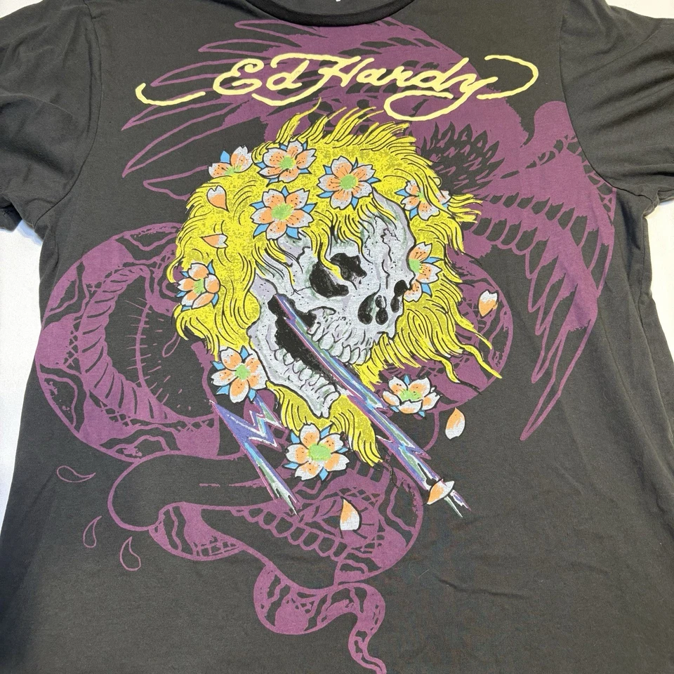 Camisa Gráfica Ed Hardy Gris Manga Corta Camiseta Calavera Floral Para Hombre Talla Grande” Foto 2 de 4