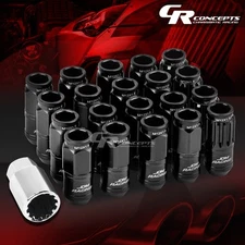 BLACK 16 LUG+4LOCK NUT+ADAPTERS M12X1.5 21OD 50MM TALL SPLINE STYLE ALUMINUM