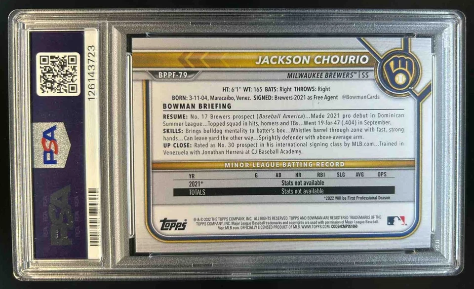 2022 Bowman 1st Edition Jackson Chourio #BPPF-79 Brewers PSA 10 - Image 2 of 2