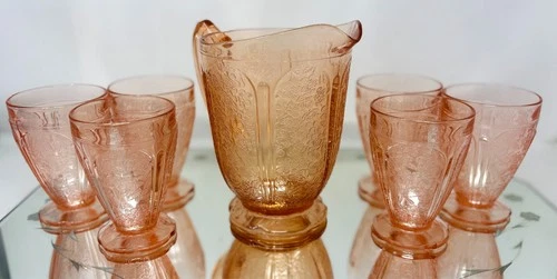 Vintage Jeannette Pink Depression Cherry Blossom Pitcher and Tumbler Set