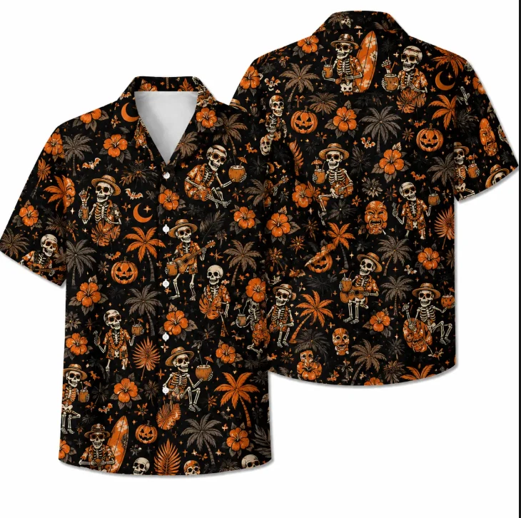 Halloween Skeleton Hawaiian Shirt Beach Surfing Tropical Pumpkin Button Down