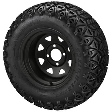 (4) Golf Cart 23x10.50-12 Black Trail A/T Tire on 12x7 8-Spoke Black Steel Wheel