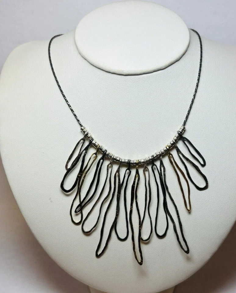 Or Paz Sterling 925 Silver Tri Color Hammered Dangle Statement Necklace 16 in - Image 3 of 4