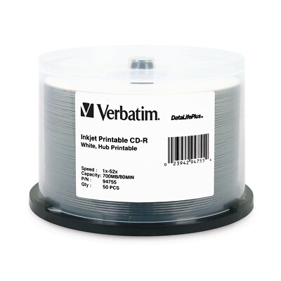 Verbatim 94755 CD-R 52X DataLifePlus White Inkjet Hub Printable 50 Pack Spindle