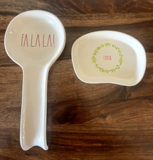 NEW Rae Dunn Spoon Rest Christmas Red lettering & Small Wreath "CHEER" plate SET