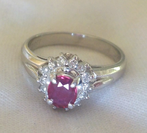 Petite Platinum Natural Ruby Diamond Halo Ring - 4.54 gms, Sz 5.25, 0.54 ctw - Picture 2 of 12