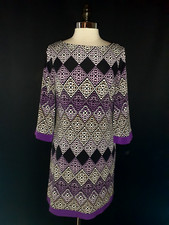ELIZA J Size 10 Shift Dress Black Purple Geometric 3/4 Sleeve Stretch