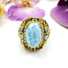 Natural Larimar 925 Sterling Silver Multi Gemstone Cocktail Ring Jewelry MOTHER