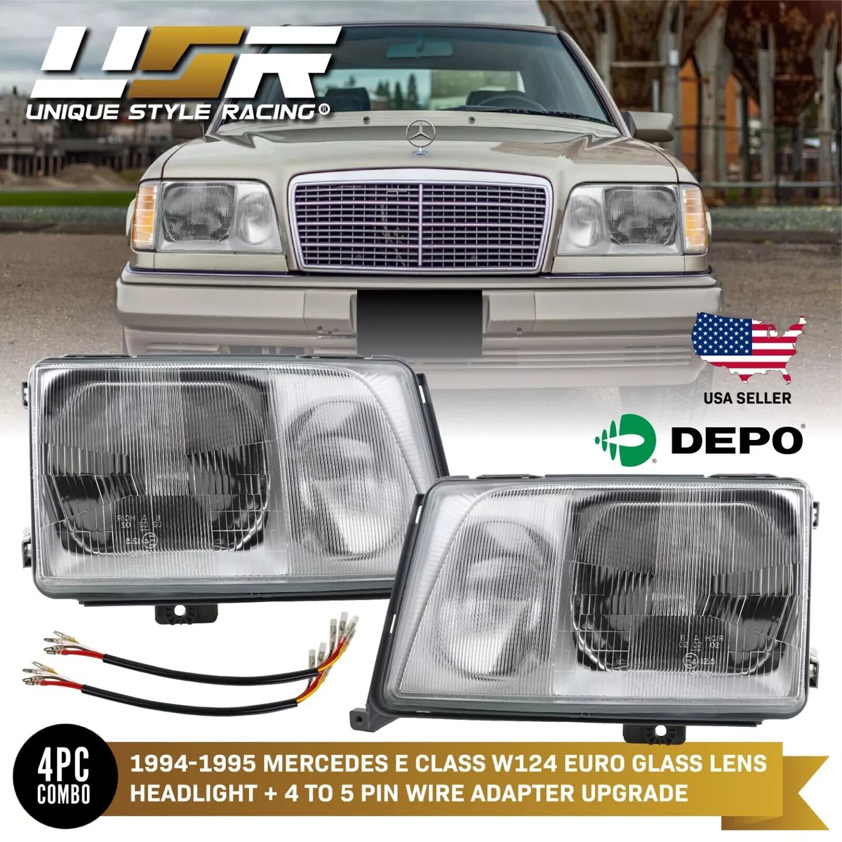 Mercedes-Benz A 124 ヘッドライトセット DEPO 1994-1995 Mercedes-Benz W124 Euro Glass Headlights Set +
