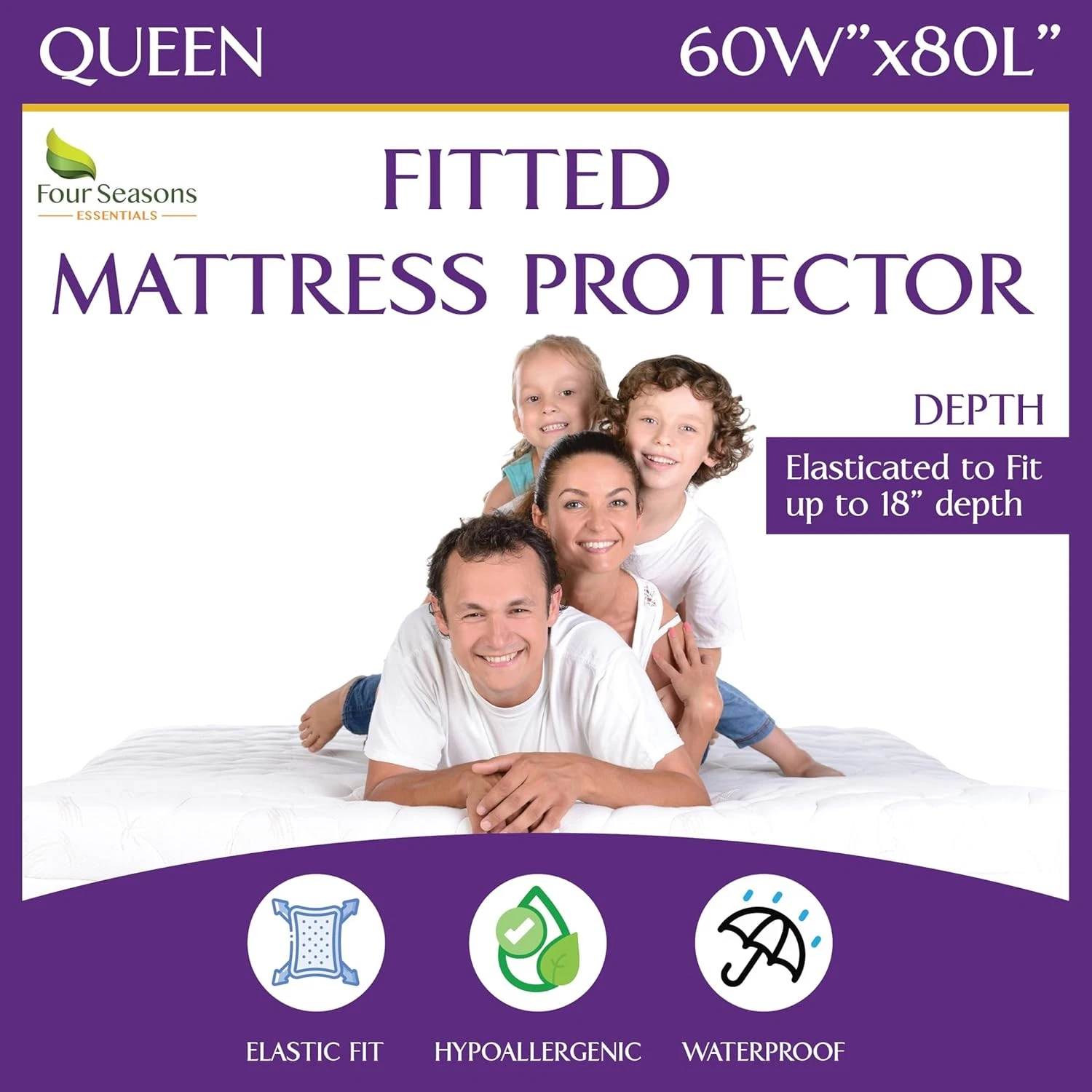 Queen Size Waterproof Mattress Protector - Fitted Sheet Queen, White