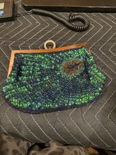 Vintage-Style Green Blue Peacock Beaded Sequined Evening Clutch Purse