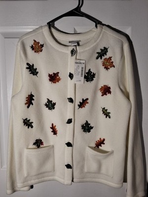 Autumn Fall Leaves Embroidered Fleece Cardigan Womens Sz M Leaf Buttons