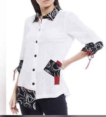 Ali Miles Women's   3/4 Ruched Sleeve,Button-Up, Puckered Fabric Size PS Blouse