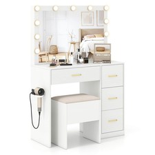 Vanity Desk with Mirror  Lights Dressing Table with Storage Stool Makeup Table