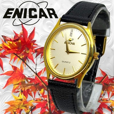 ENICAR Oval Gold Wristwatch 2 Hand Quartz Timepiece Mens Womens Authentic