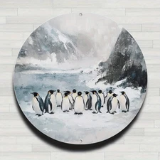 1pc Vintage Penguin & Antarctic Landscape Metal Wall Art - Round Aluminum Plate