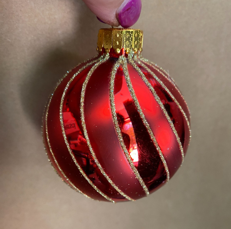 Unique Treasures UT Blown Glass Red w Gold Glitter Twist Christmas Ornament 2.5"