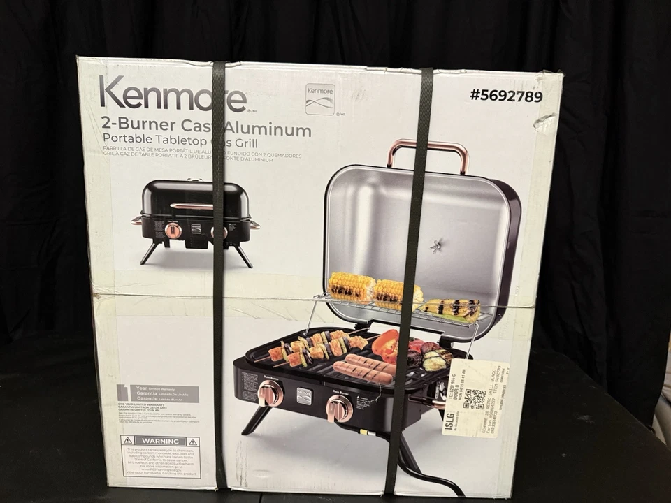 KENMORE Portable Grill 23"W 2-Burner Retro Porcelain-Coated Cast Iron Navy Blue - Image 3 of 3