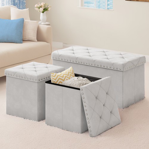 Folding Storage Ottoman Bench Fabric Stool Box w/ Cover for Bedroom, Living Room - Picture 2 of 24