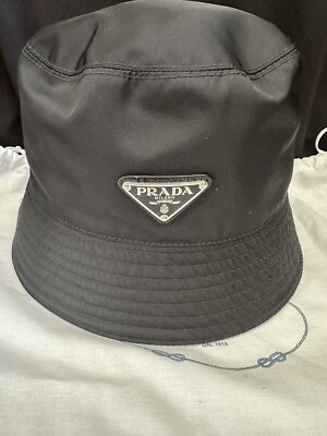 Authentic PRADA metal Logo Black Nylon Bucket Hat Size S
