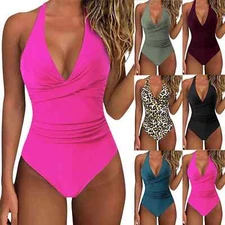 Swimwear Suit Women V One Control Pieces Bathing Tummy Ruched Swimsuits Neck 
