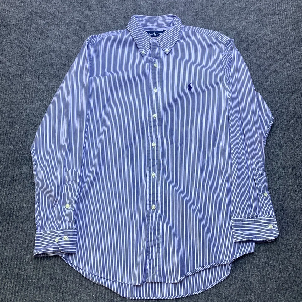 Camisa de vestir Ralph Lauren para hombre a rayas con botones 32x33 azul Academia Preppy Teach Foto 2 de 4