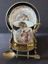 Mitterteich Footed Demitasse Cup Saucer Set Pastoral Scene Lover Cupid Gold Gilt