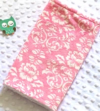Handcrafted, Pink Damask Minky Print & White Minky Bubble Baby Burp Cloth
