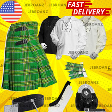 IRISH GREEN Tartan Kilt Set-08 Pieces Kilt Accessories for Men -Scottish Outfit
