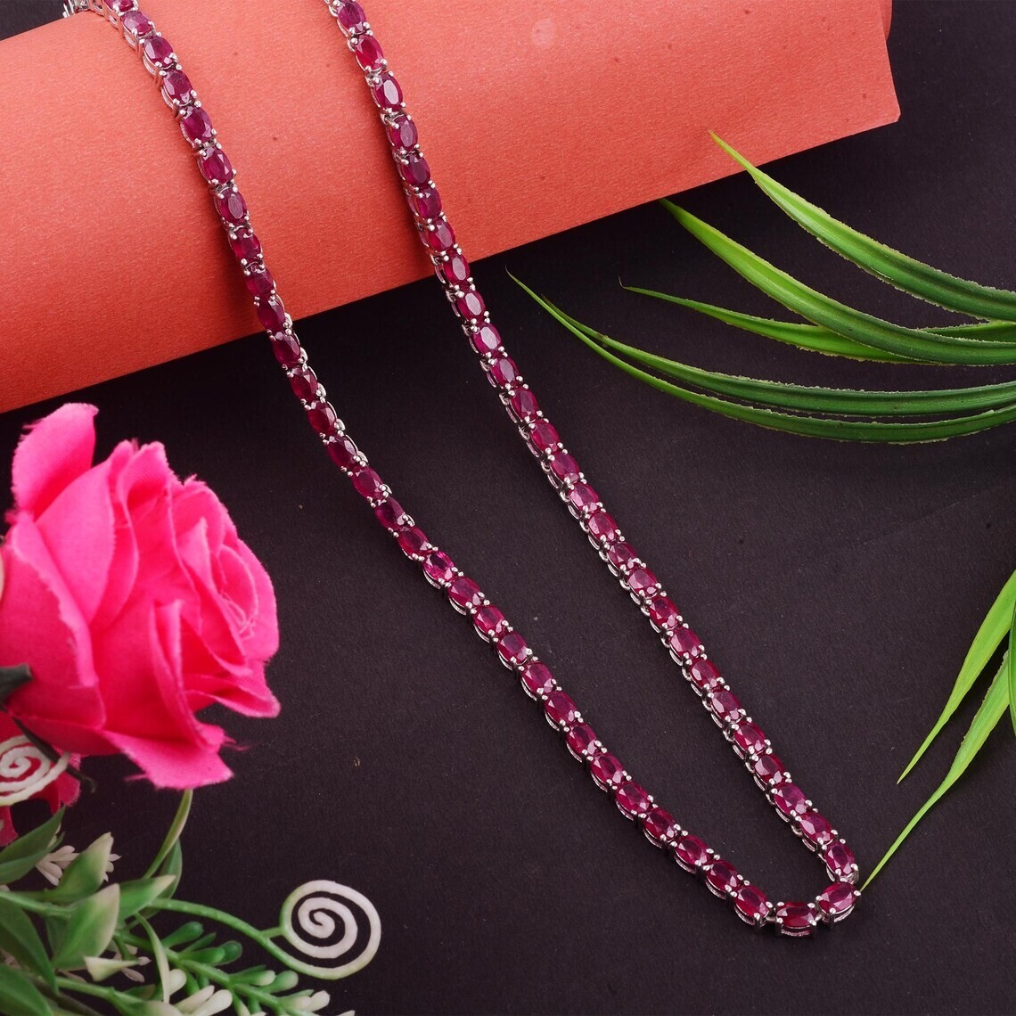 16ct Pink Sapphire Tennis Necklace in 14k White Gold Lab-Created Oval FN 18in