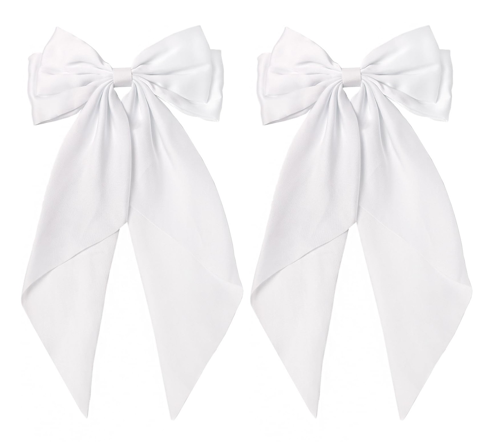 White Hair Bow for Women 2pcs Big Large Satin Long Tail Clips Barrette Ribbon