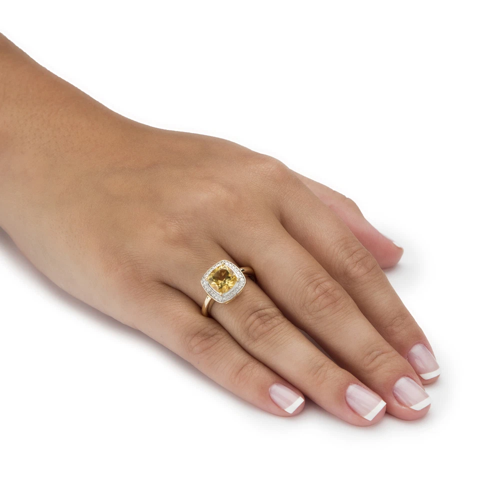 Anillo con halo de plata chapado en oro de 14 k con acento de diamantes citrinos genuinos de 1,85 TCW Foto 3 de 4