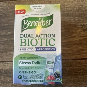 Benefiber Dual Action Biotic Plus Stress Relief Mixed Berry 18 Packs Exp 08/2026
