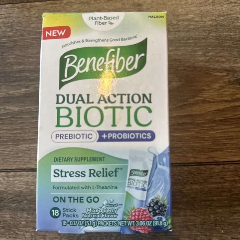 Benefiber Dual Action Biotic Plus Stress Relief Mixed Berry 18 Packs Exp 08/2026